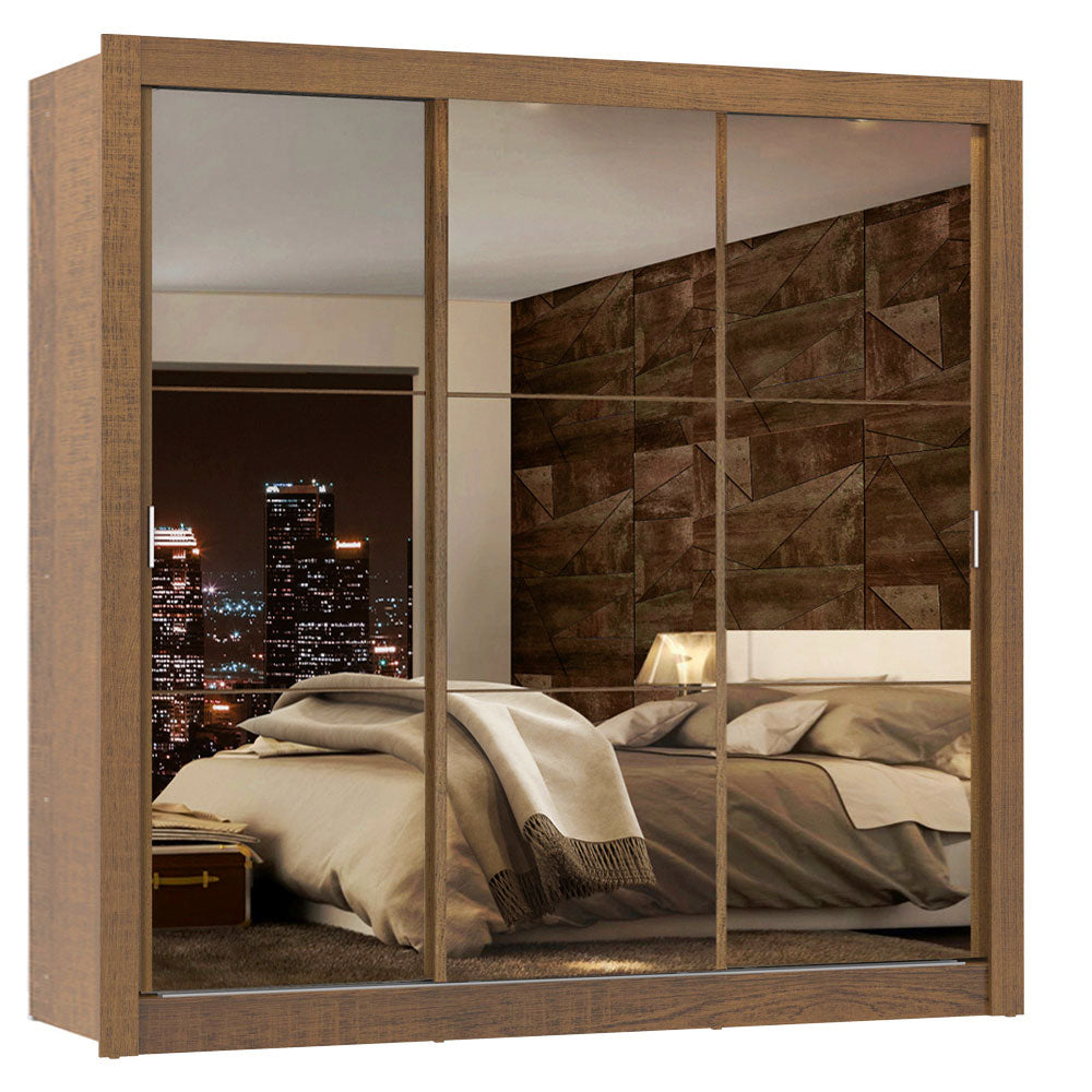 Guarda-Roupa Casal Madesa Lyon Plus 3 Portas de Correr de Espelho 4 Gavetas Rustic