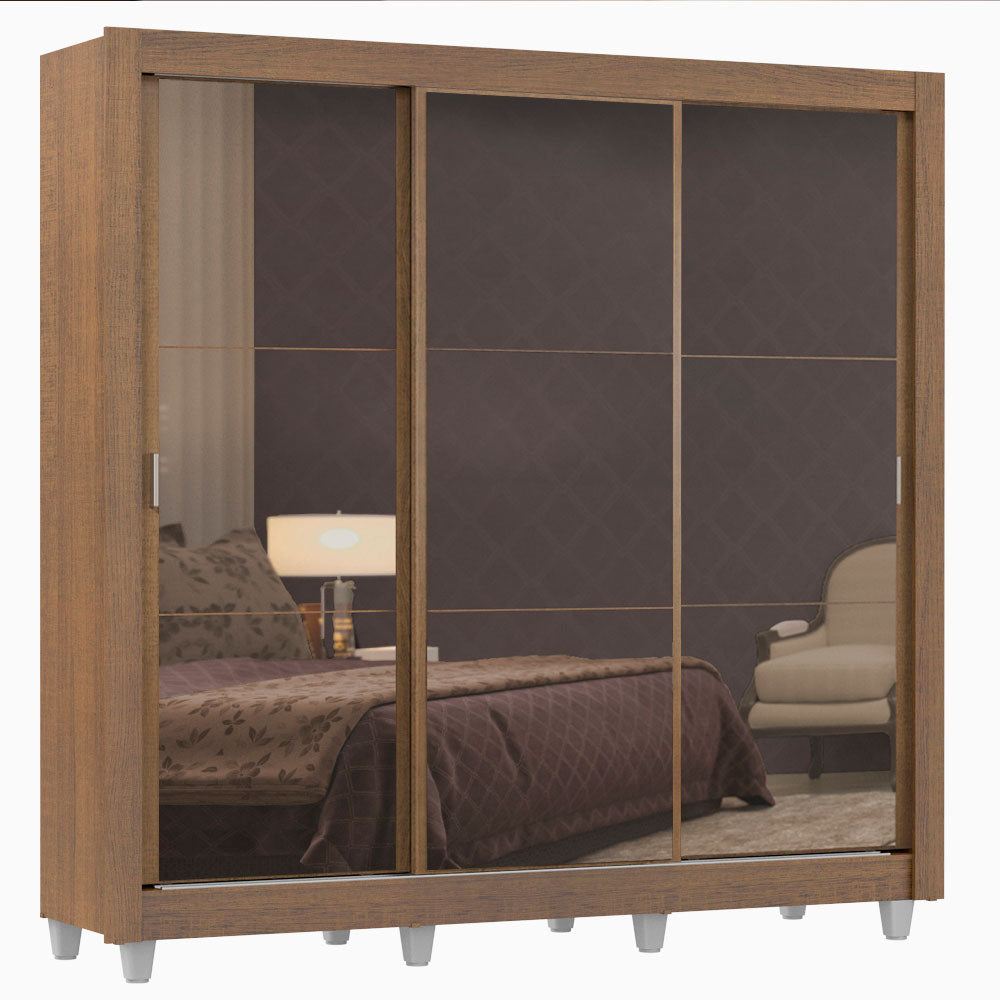 Guarda-Roupa Casal Madesa Lyon Plus 3 Portas de Correr de Espelho 4 Gavetas com Pés Rustic