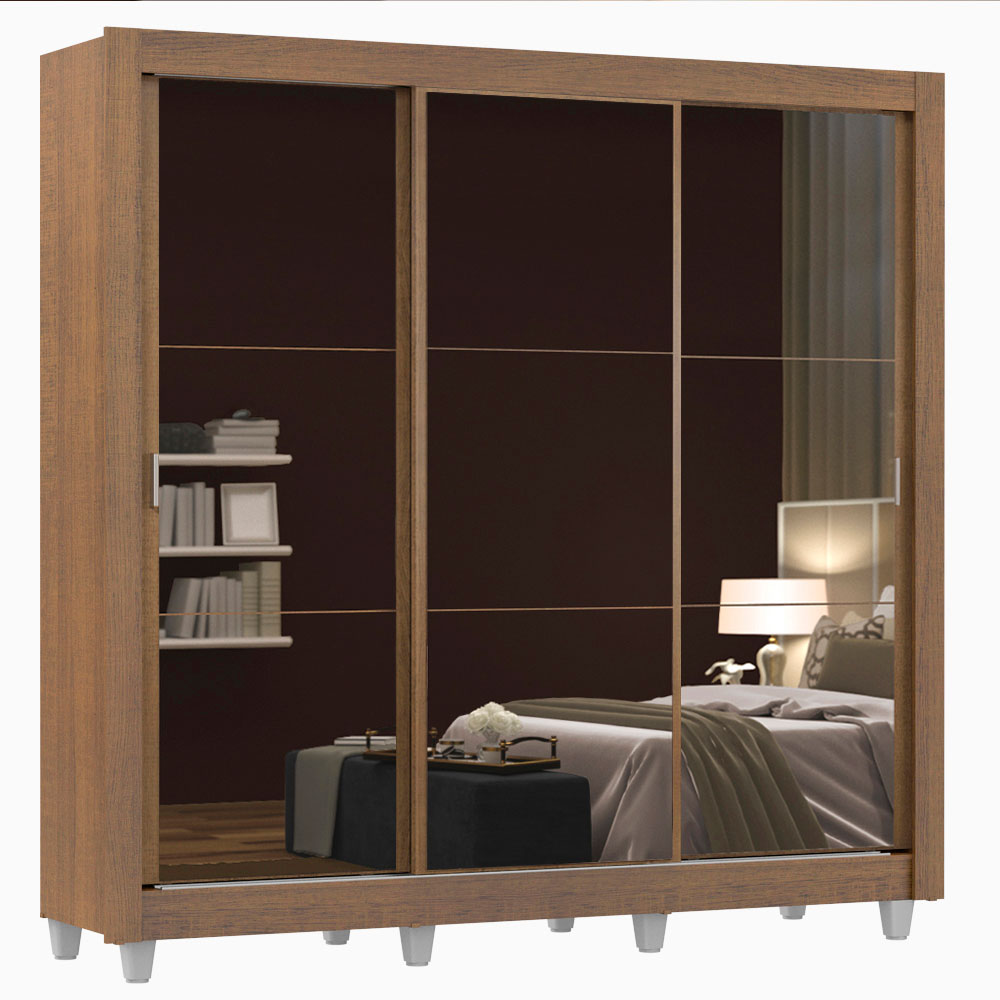 Guarda-Roupa Casal Madesa Mônaco 3 Portas de Correr de Espelho com Pés Rustic