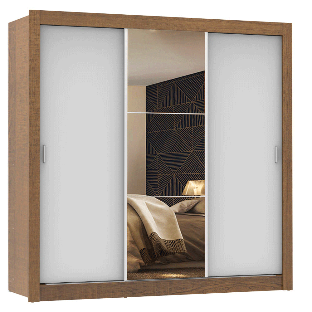Guarda-Roupa Casal 3 Portas de Correr com Espelho Rustic/Branco Madesa Mônaco