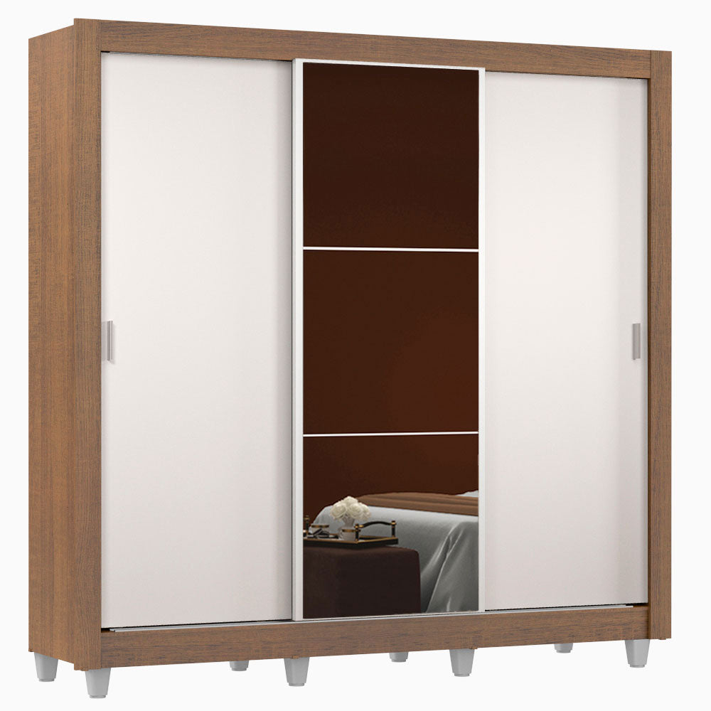 Guarda-Roupa Casal Madesa Mônaco 3 Portas de Correr com Espelho com Pés Rustic/Branco