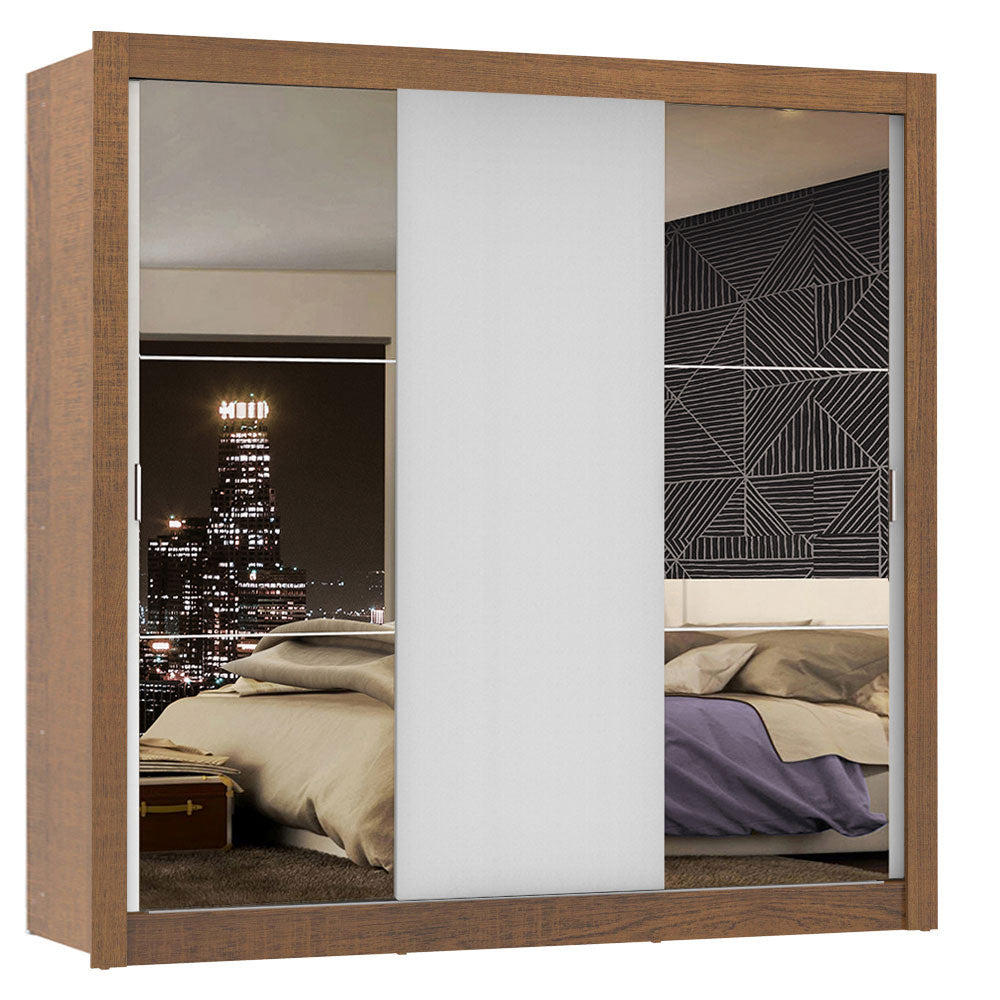Guarda-Roupa Casal Madesa Mônaco 3 Portas de Correr com Espelhos Rustic/Branco