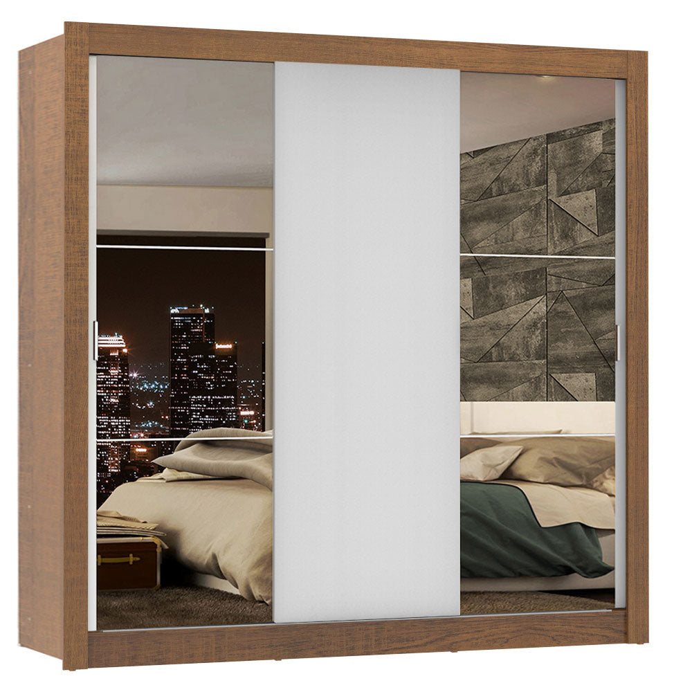 Guarda-Roupa Casal Madesa Lyon Plus 3 Portas de Correr com Espelhos 4 Gavetas Rustic/Branco