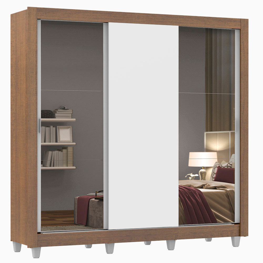 Guarda-Roupa Casal Madesa Mônaco 3 Portas de Correr com Espelhos com Pés Rustic/Branco