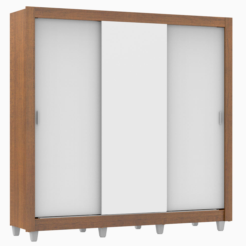 Guarda-Roupa Casal Madesa Lyon Plus 3 Portas de Correr 4 Gavetas com Pés Rustic/Branco