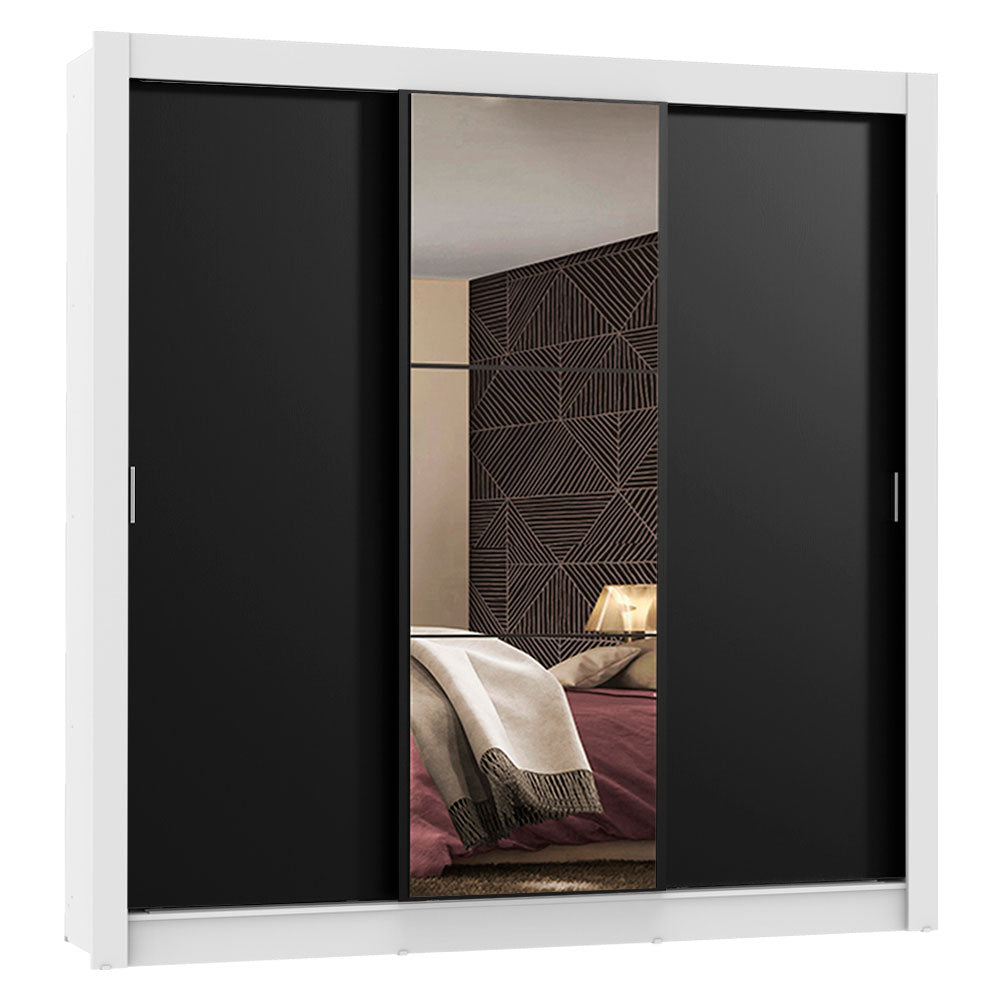 Guarda-Roupa Casal Madesa Mônaco 3 Portas de Correr com Espelho Branco/Preto