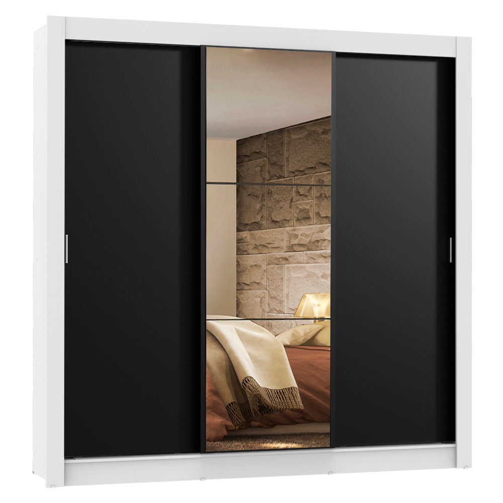 Guarda-Roupa Casal Madesa Lyon 3 Portas de Correr com Espelho 2 Gavetas Branco/Preto