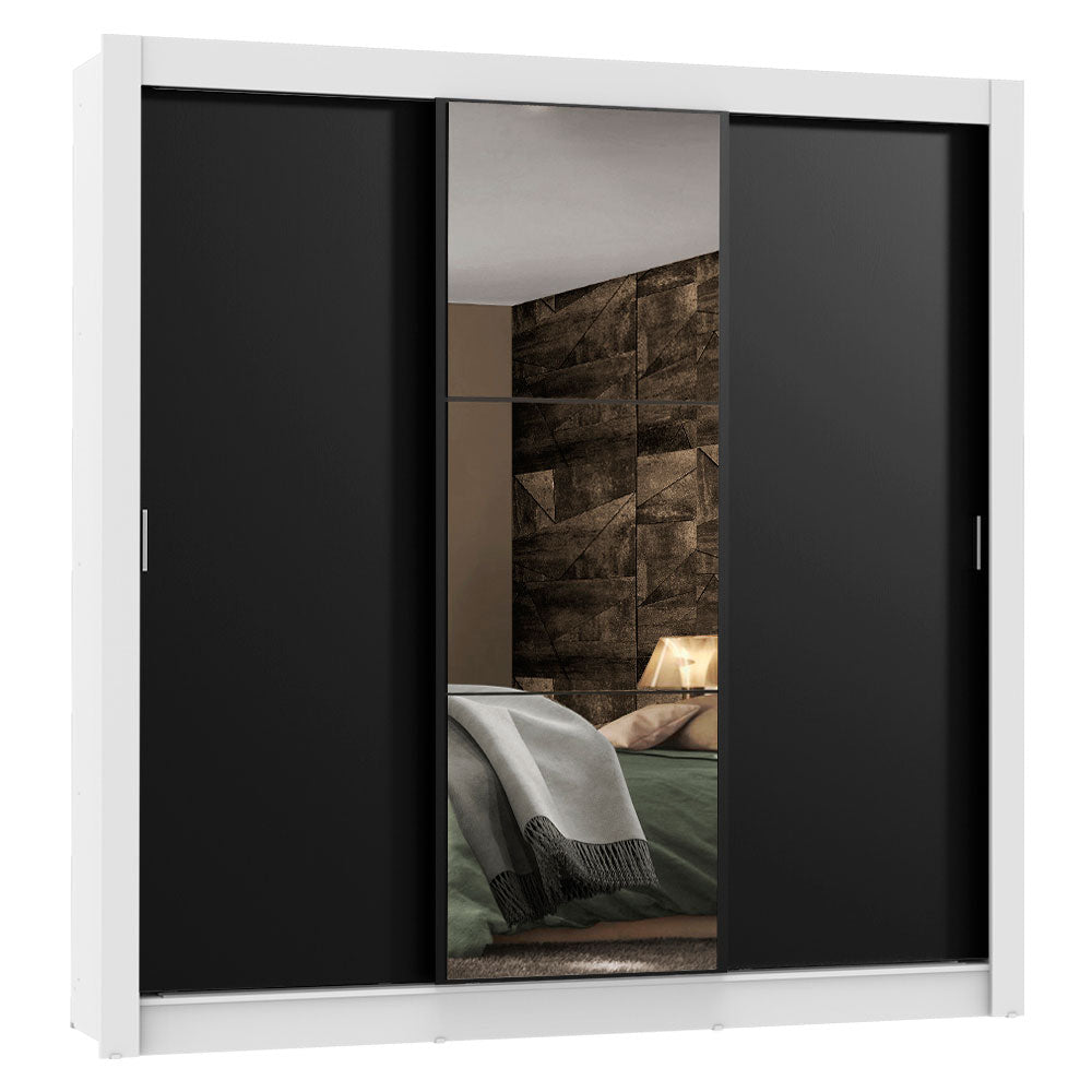 Guarda-Roupa Casal Madesa Lyon Plus 3 Portas de Correr com Espelho 4 Gavetas Branco/Preto