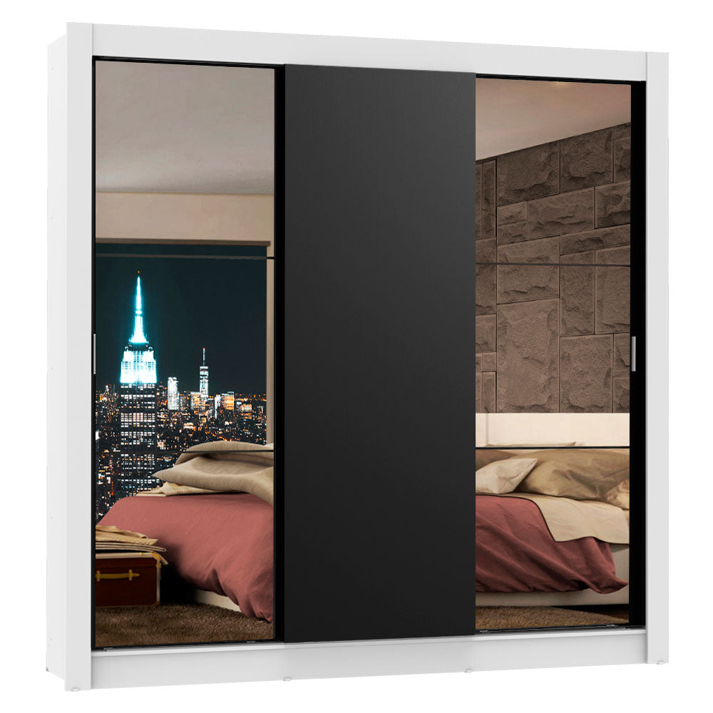 Guarda-Roupa Casal Madesa Lyon 3 Portas de Correr com Espelhos 2 Gavetas Branco/Preto