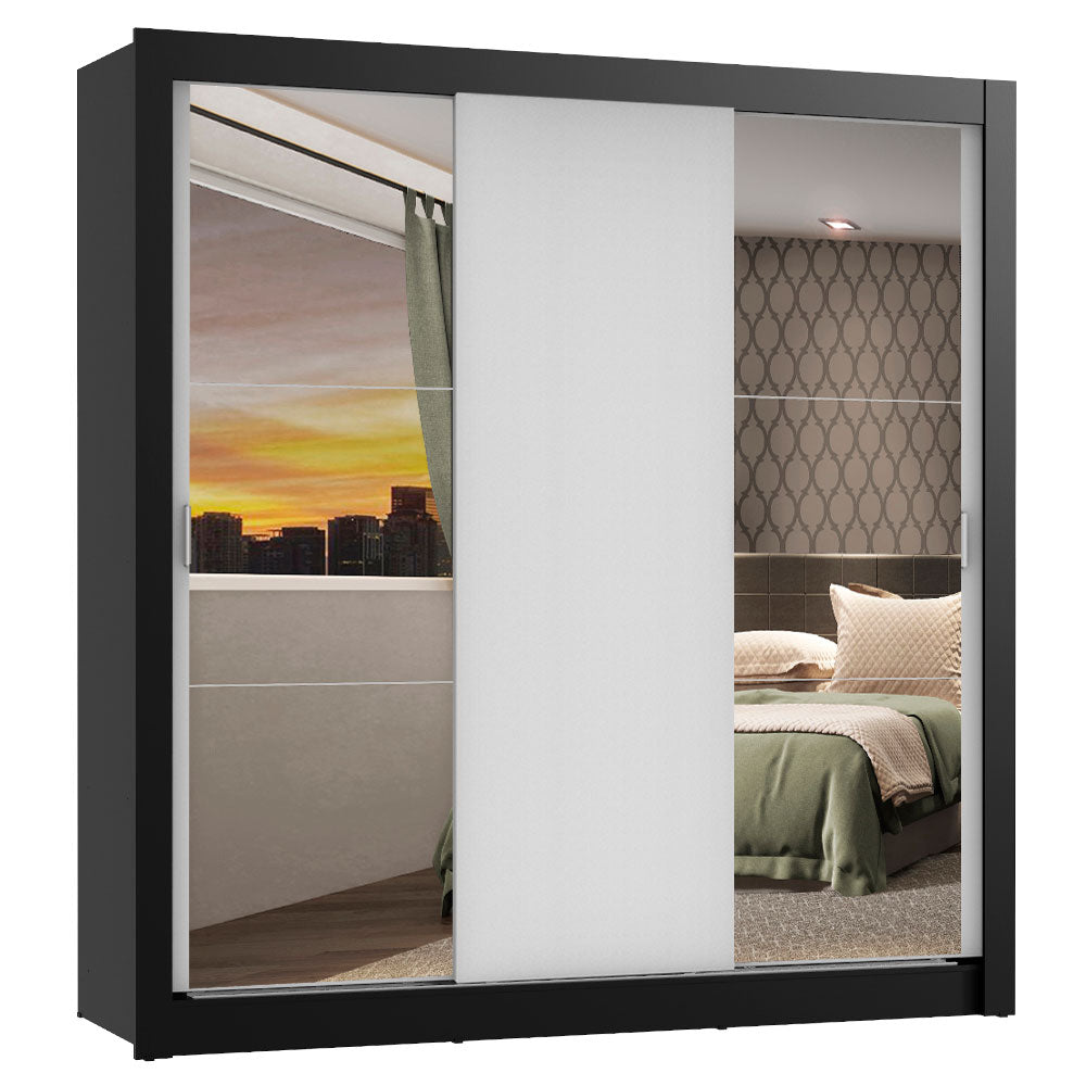 Guarda-Roupa Casal Madesa Mônaco 3 Portas de Correr com Espelhos Preto/Branco