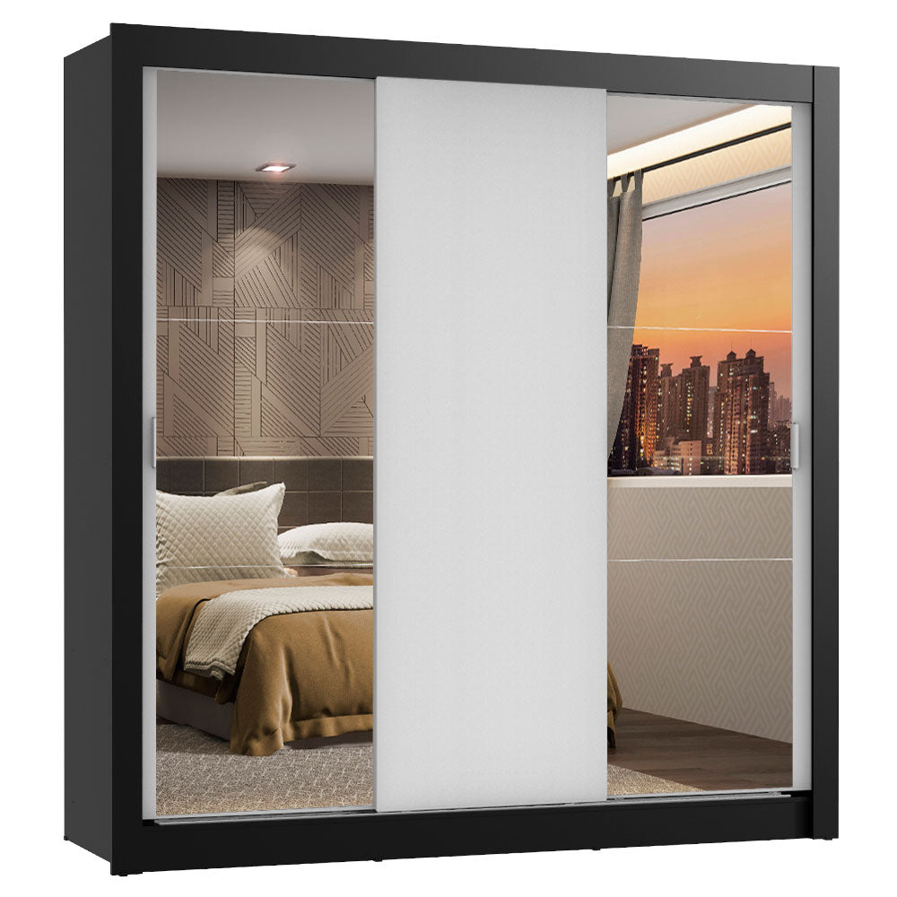 Guarda-Roupa Casal Madesa Lyon 3 Portas de Correr com Espelhos 2 Gavetas Preto/Branco