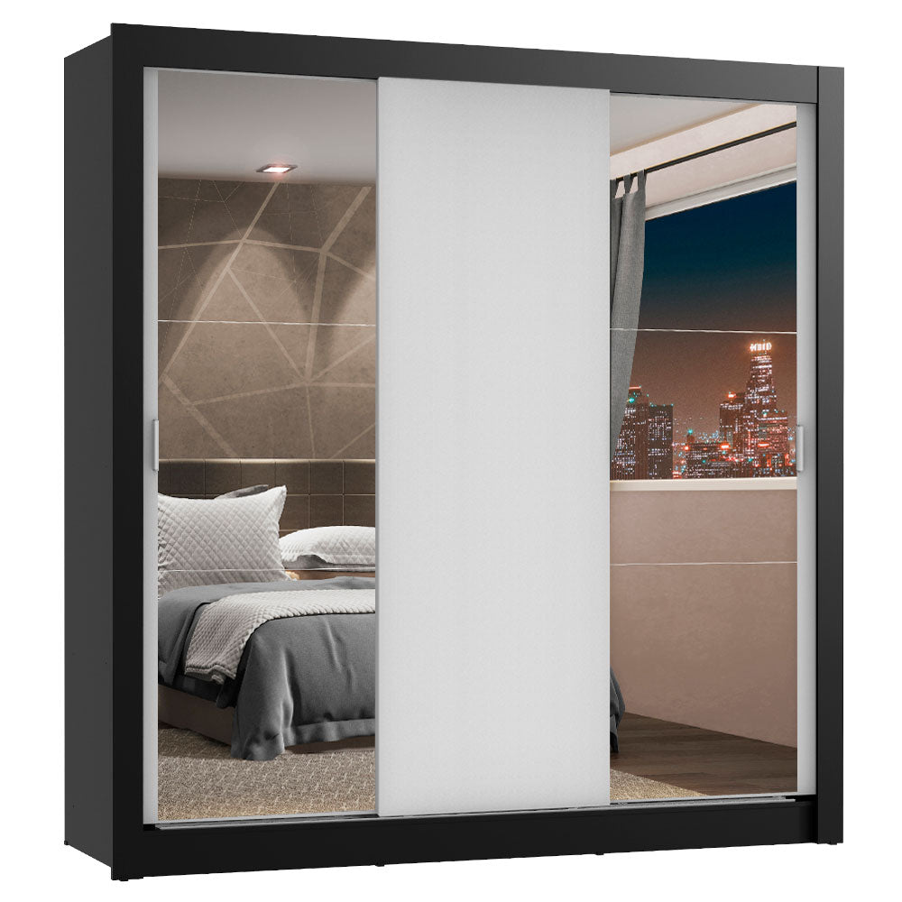 Guarda-Roupa Casal Madesa Lyon Plus 3 Portas de Correr com Espelhos 4 Gavetas Preto/Branco