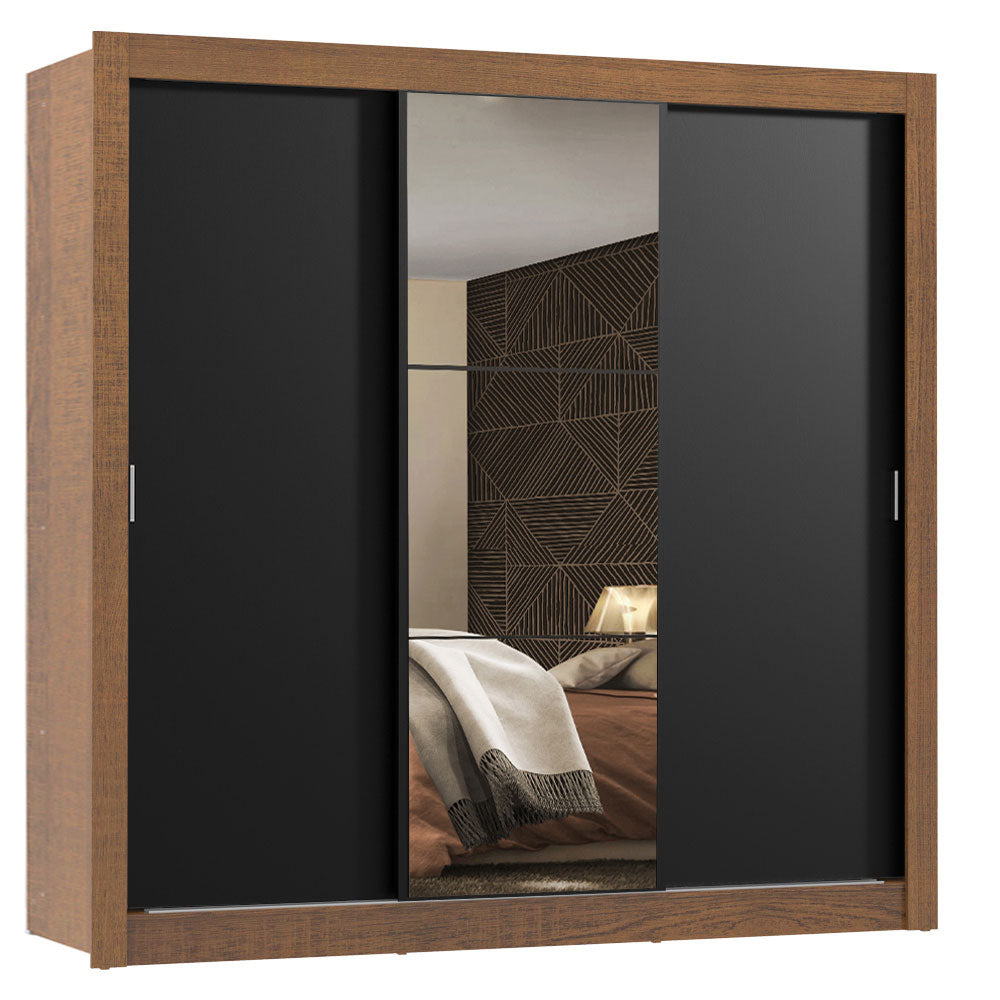 Guarda-Roupa Casal Madesa Mônaco 3 Portas de Correr com Espelho Rustic/Preto