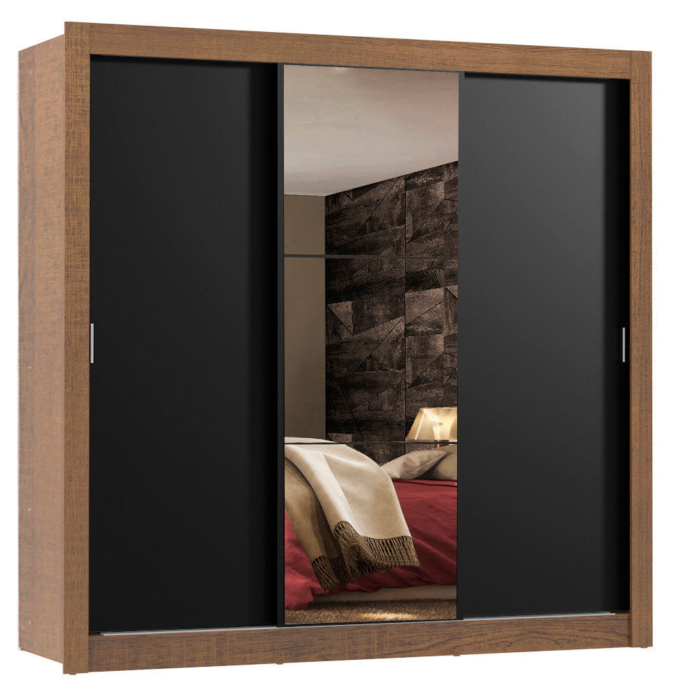 Guarda-Roupa Casal Madesa Lyon Plus 3 Portas de Correr com Espelho 4 Gavetas Rustic/Preto