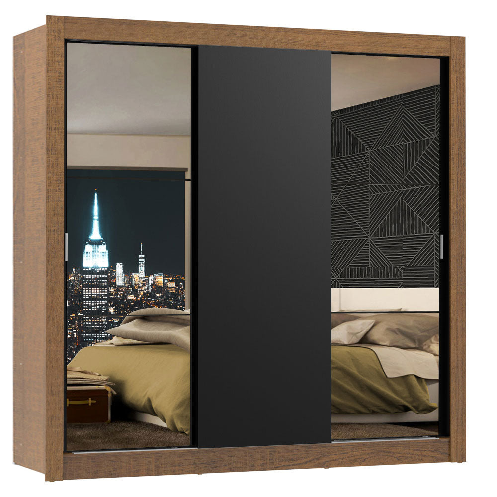 Guarda-Roupa Casal Madesa Mônaco 3 Portas de Correr com Espelhos Rustic/Preto