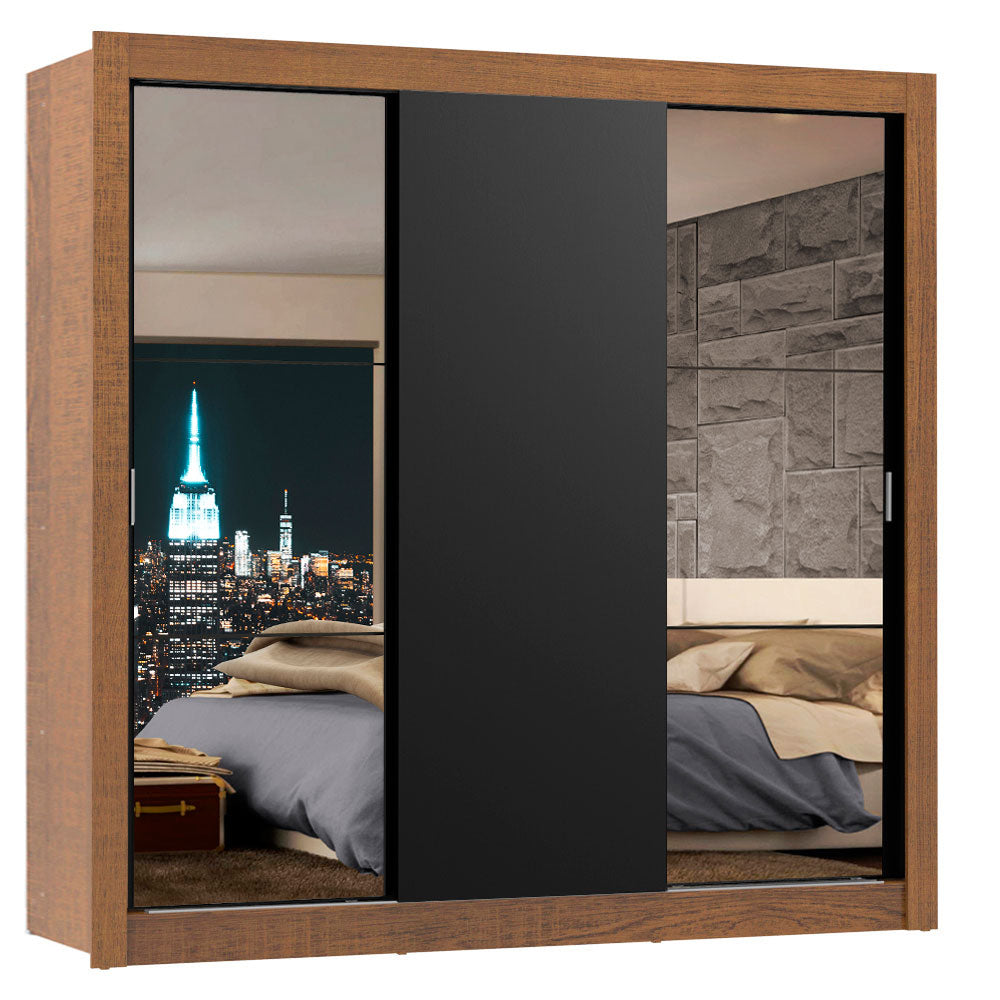 Guarda-Roupa Casal Madesa Lyon 3 Portas de Correr com Espelhos 2 Gavetas Rustic/Preto