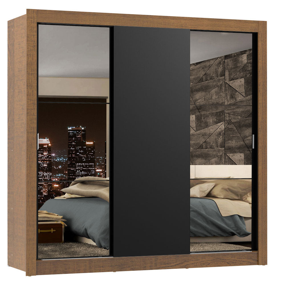 Guarda-Roupa Casal Madesa Lyon Plus 3 Portas de Correr com Espelhos 4 Gavetas Rustic/Preto