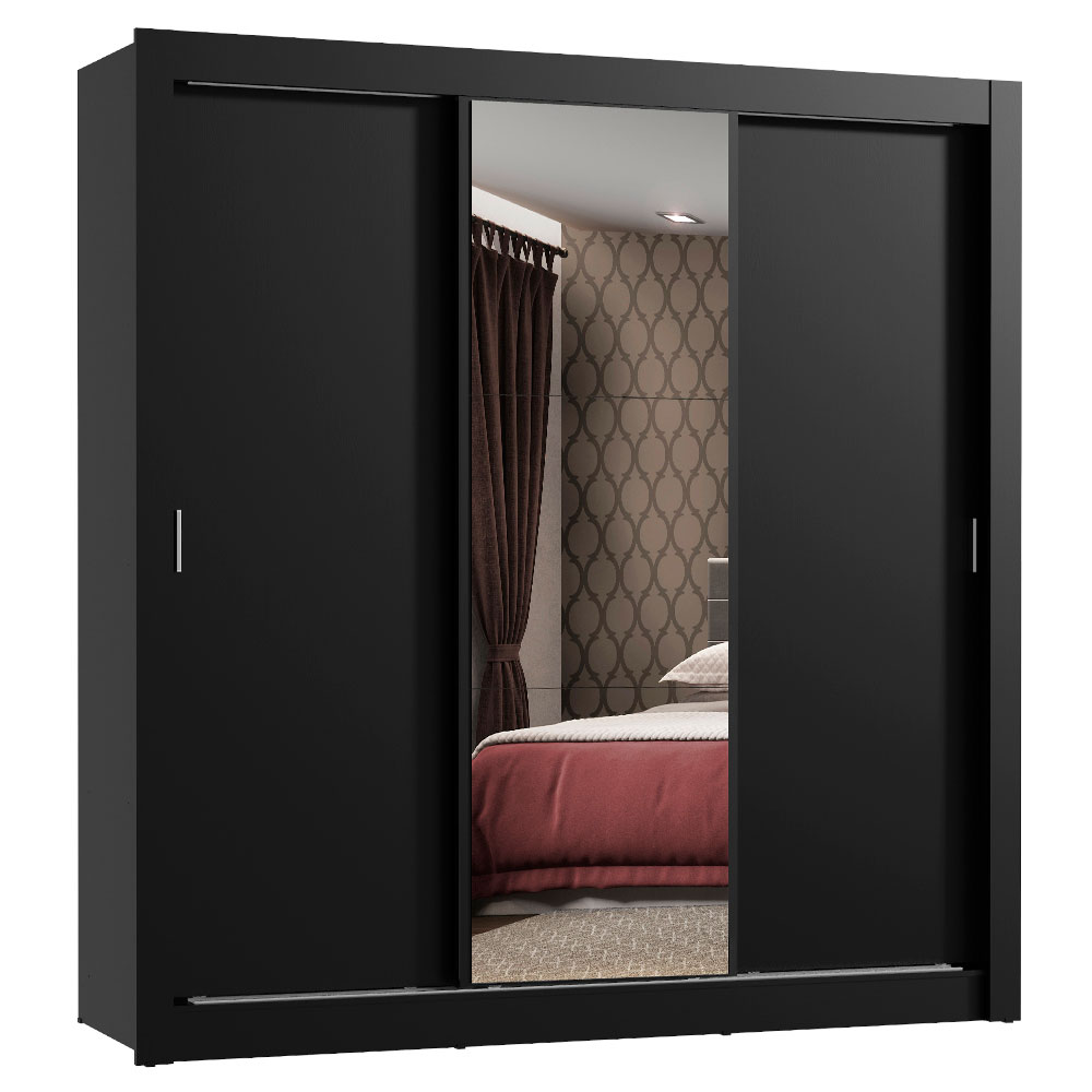 Guarda-Roupa Casal 3 Portas de Correr com Espelho Preto Madesa Mônaco
