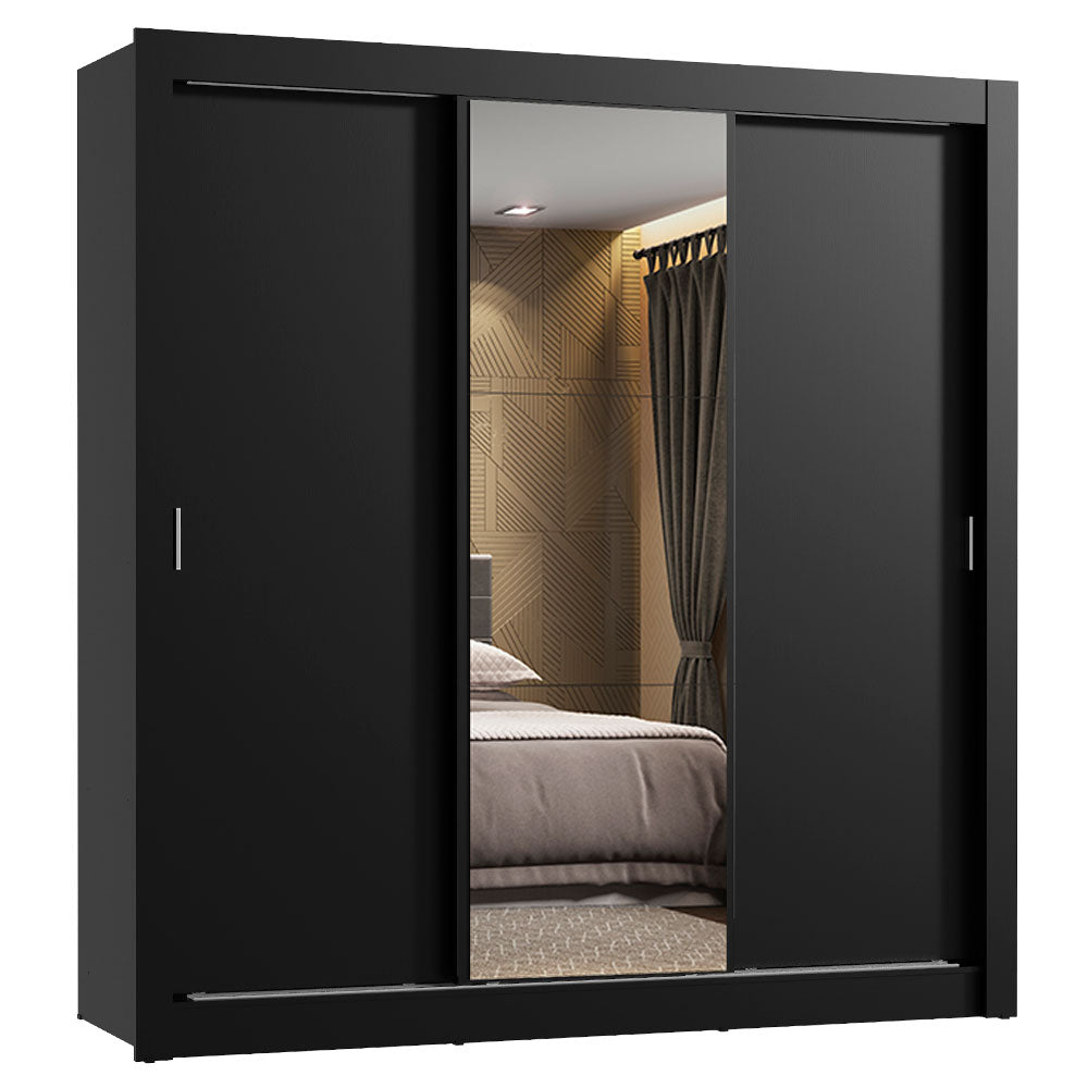 Guarda-Roupa Casal Madesa Lyon 3 Portas de Correr com Espelho 2 Gavetas Preto