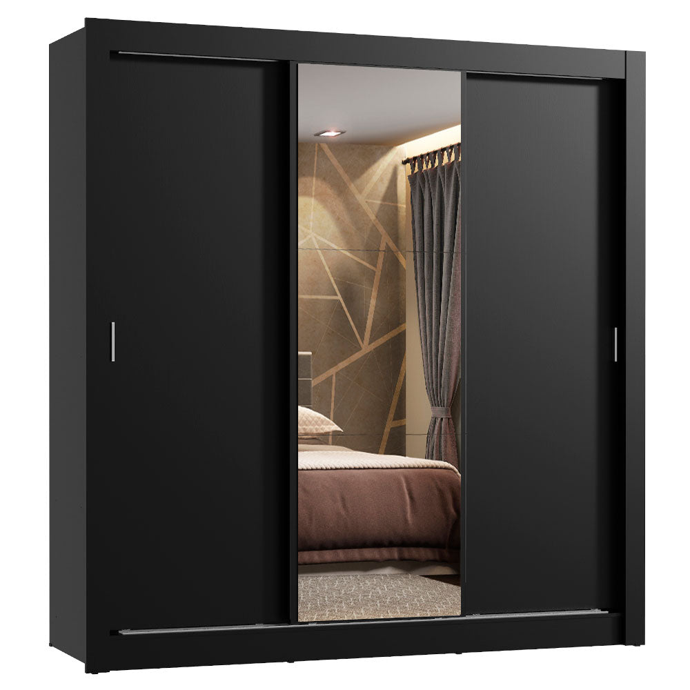 Guarda-Roupa Casal Madesa Lyon Plus 3 Portas de Correr com Espelho 4 Gavetas Preto