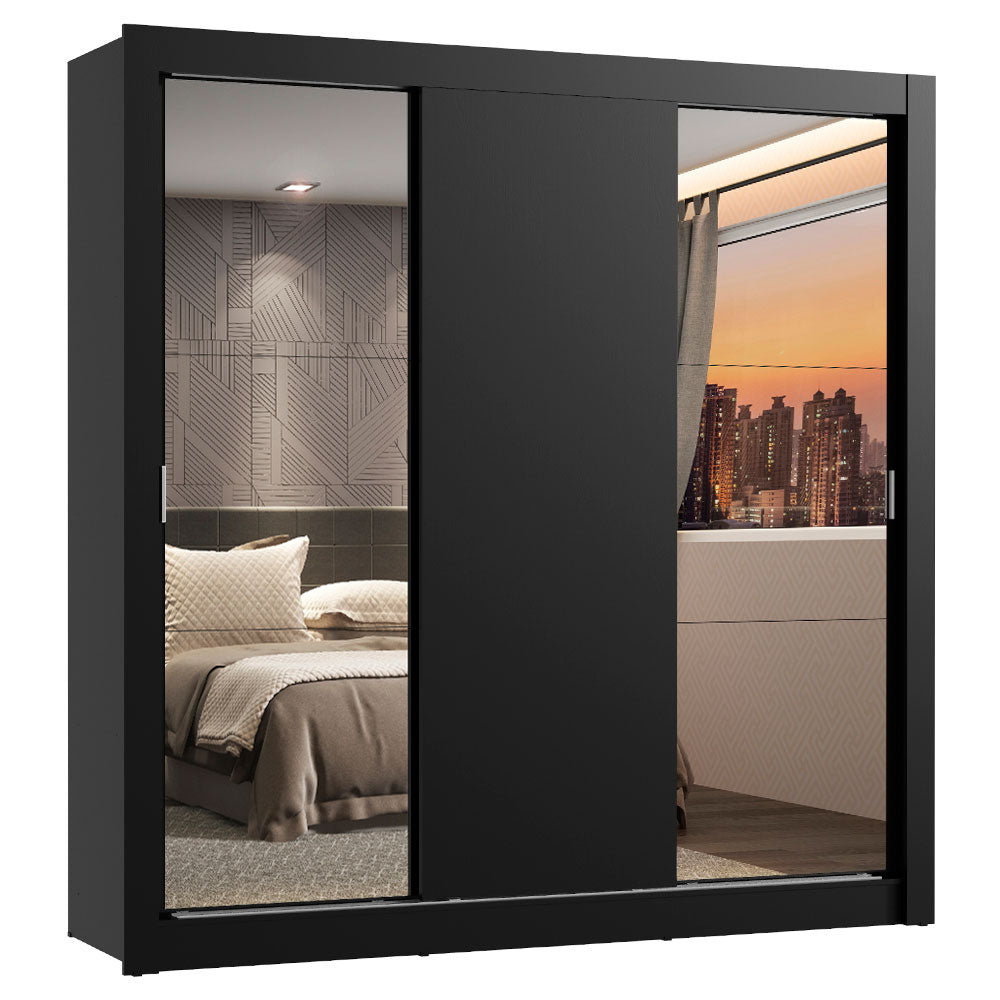 Guarda-Roupa Casal Madesa Lyon 3 Portas de Correr com Espelhos 2 Gavetas Preto