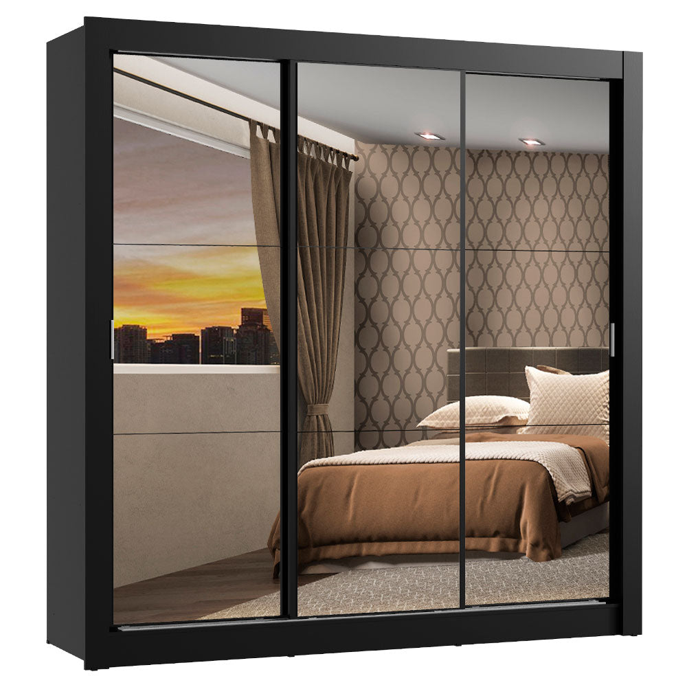 Guarda-Roupa Casal Madesa Mônaco 3 Portas de Correr de Espelho Preto
