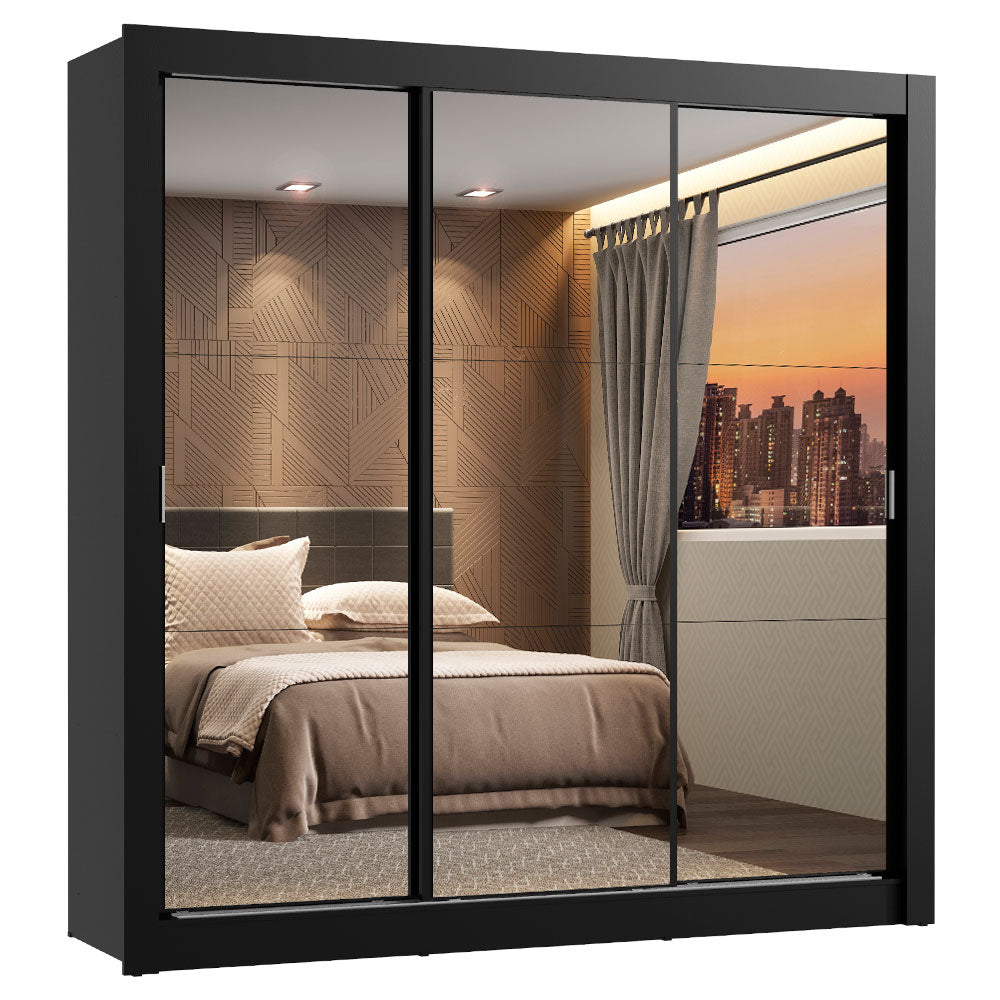 Guarda-Roupa Casal Madesa Lyon 3 Portas de Correr de Espelho 2 Gavetas Preto