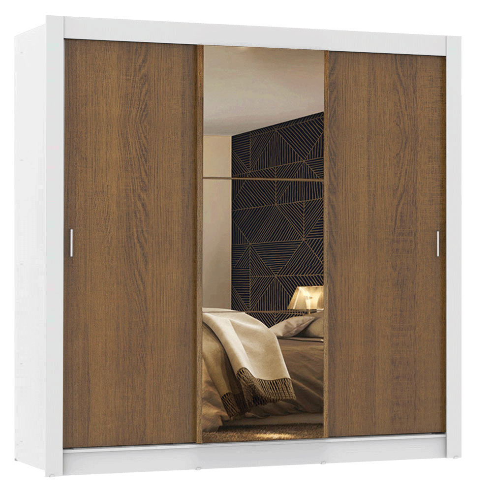 Guarda-Roupa Casal 3 Portas de Correr com Espelho Branco/Rustic Madesa Mônaco