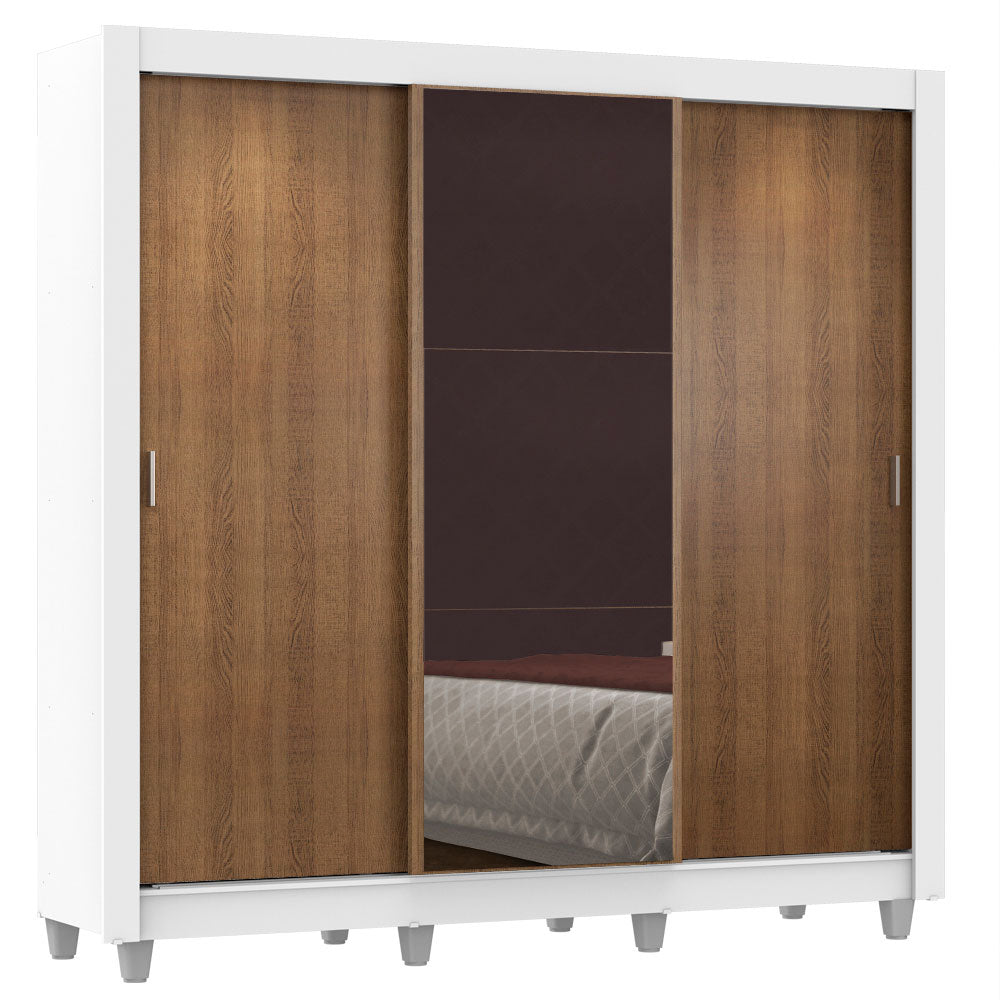 Guarda-Roupa Casal Madesa Lyon 3 Portas de Correr com Espelho 2 Gavetas com Pés Branco/Rustic