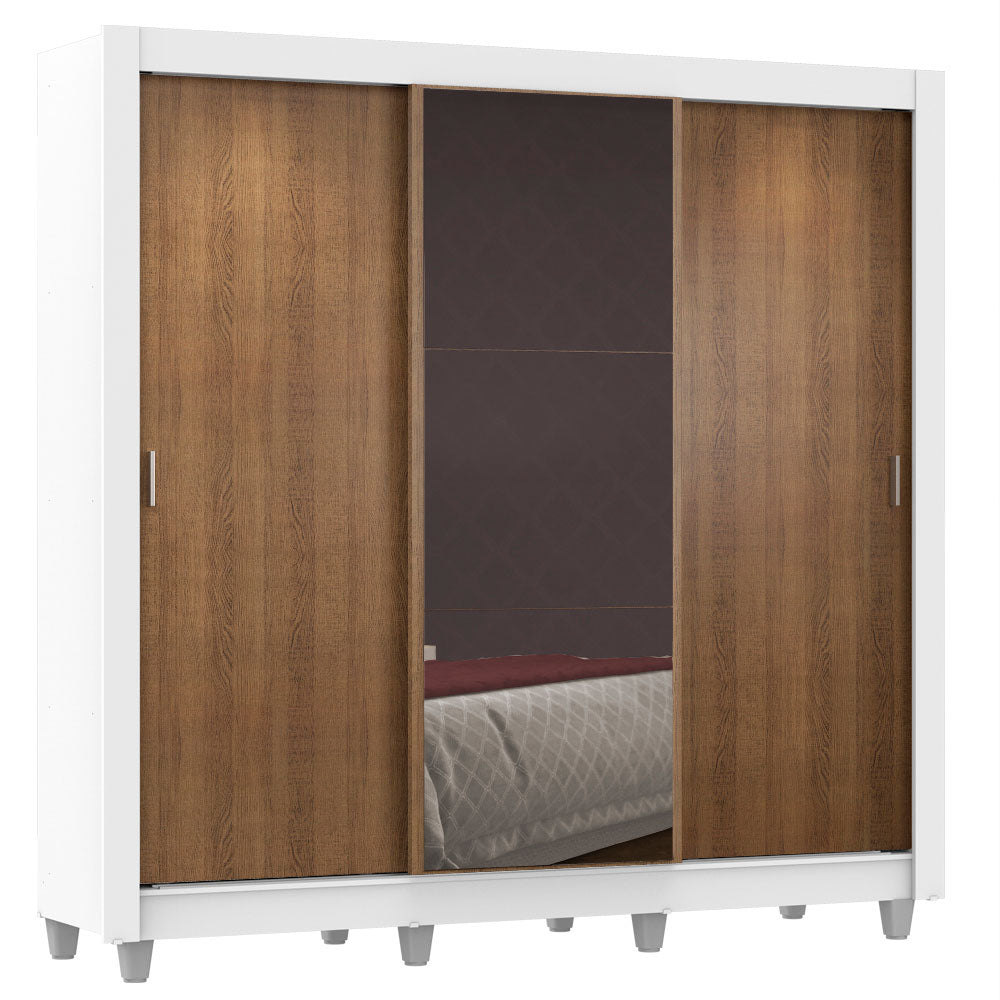 Guarda-Roupa Casal Madesa Lyon Plus 3 Portas de Correr com Espelho 4 Gavetas com Pés Branco/Rustic