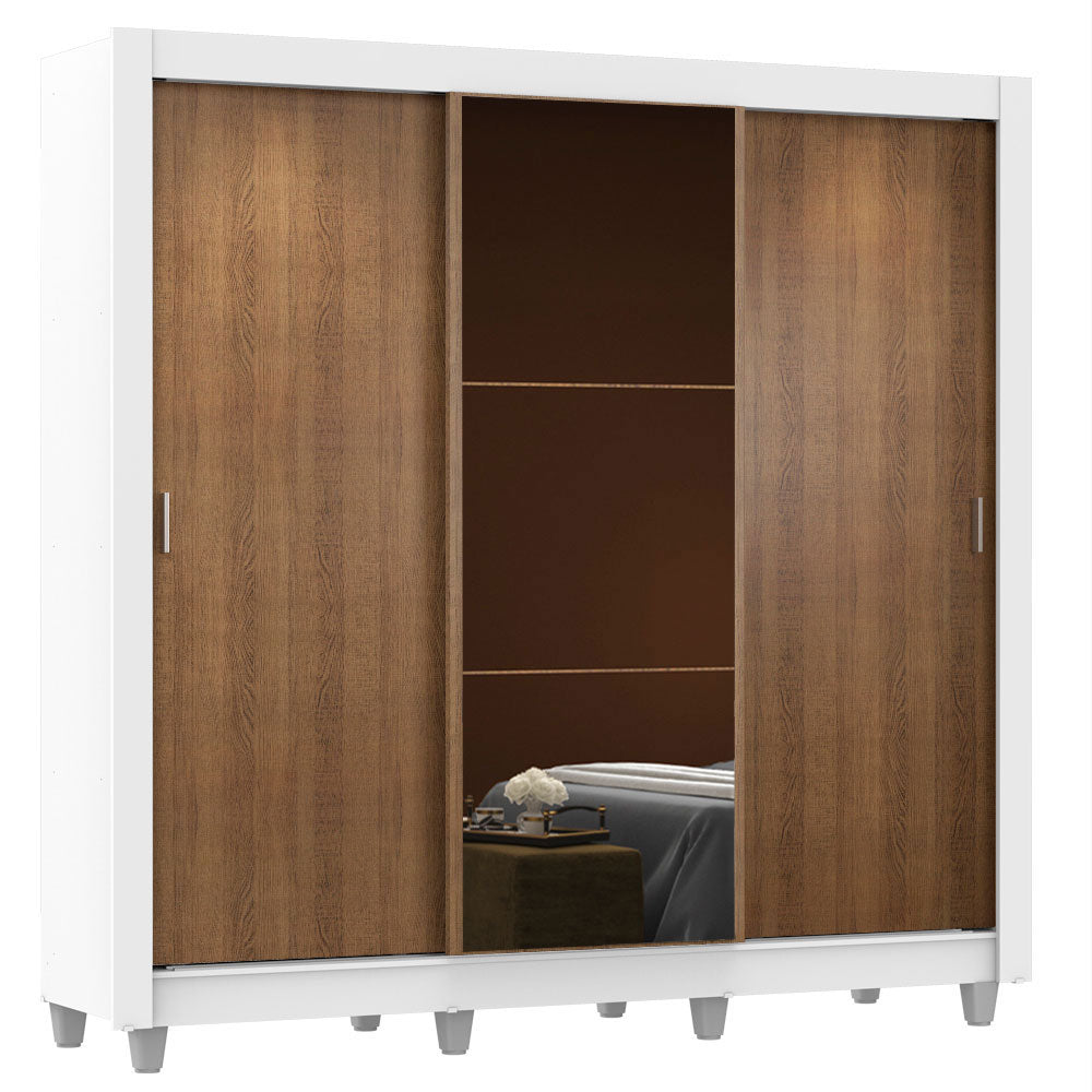 Guarda-Roupa Casal Madesa Mônaco 3 Portas de Correr com Espelho com Pés Branco/Rustic
