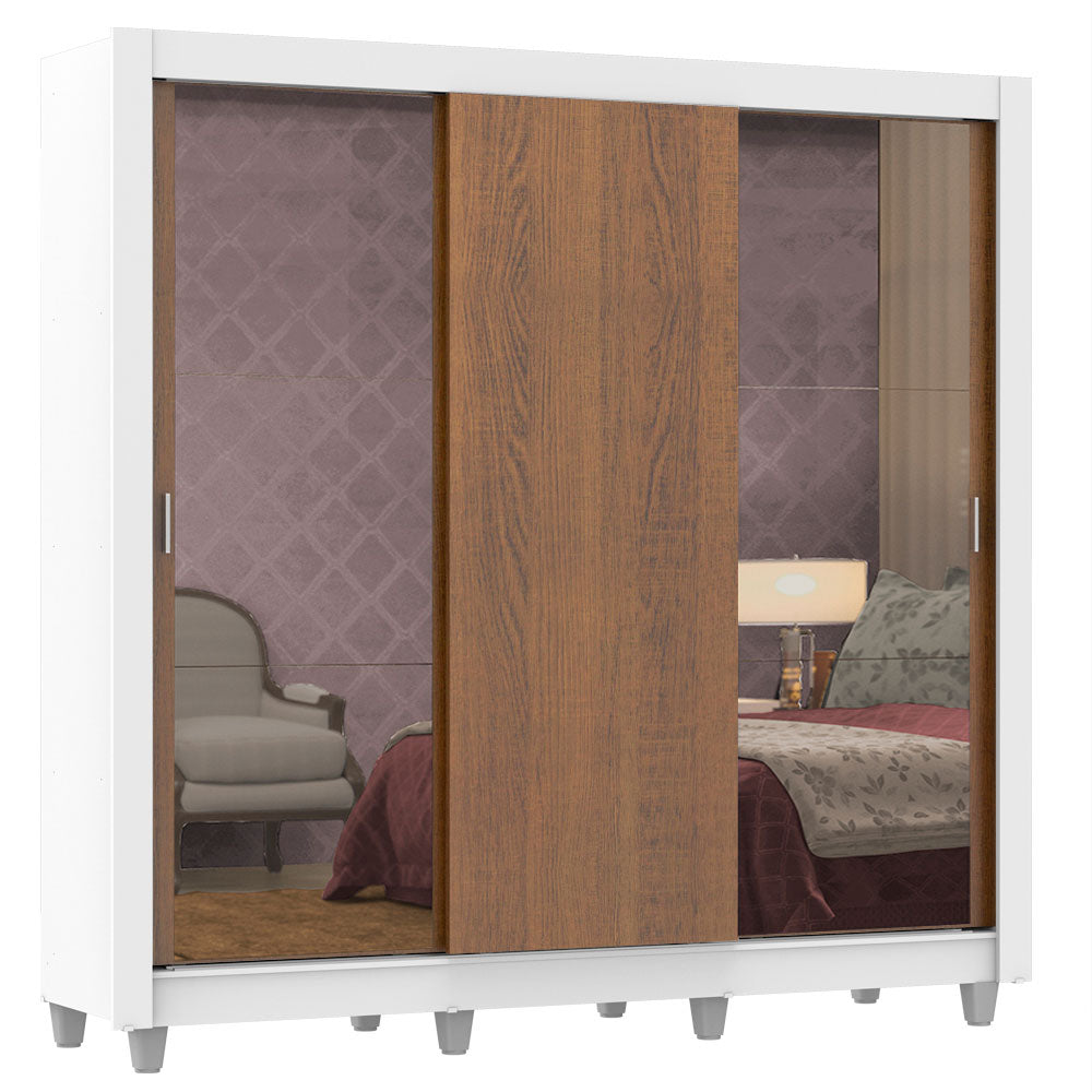 Guarda-Roupa Casal Madesa Lyon 3 Portas de Correr com Espelhos 2 Gavetas com Pés Branco/Rustic