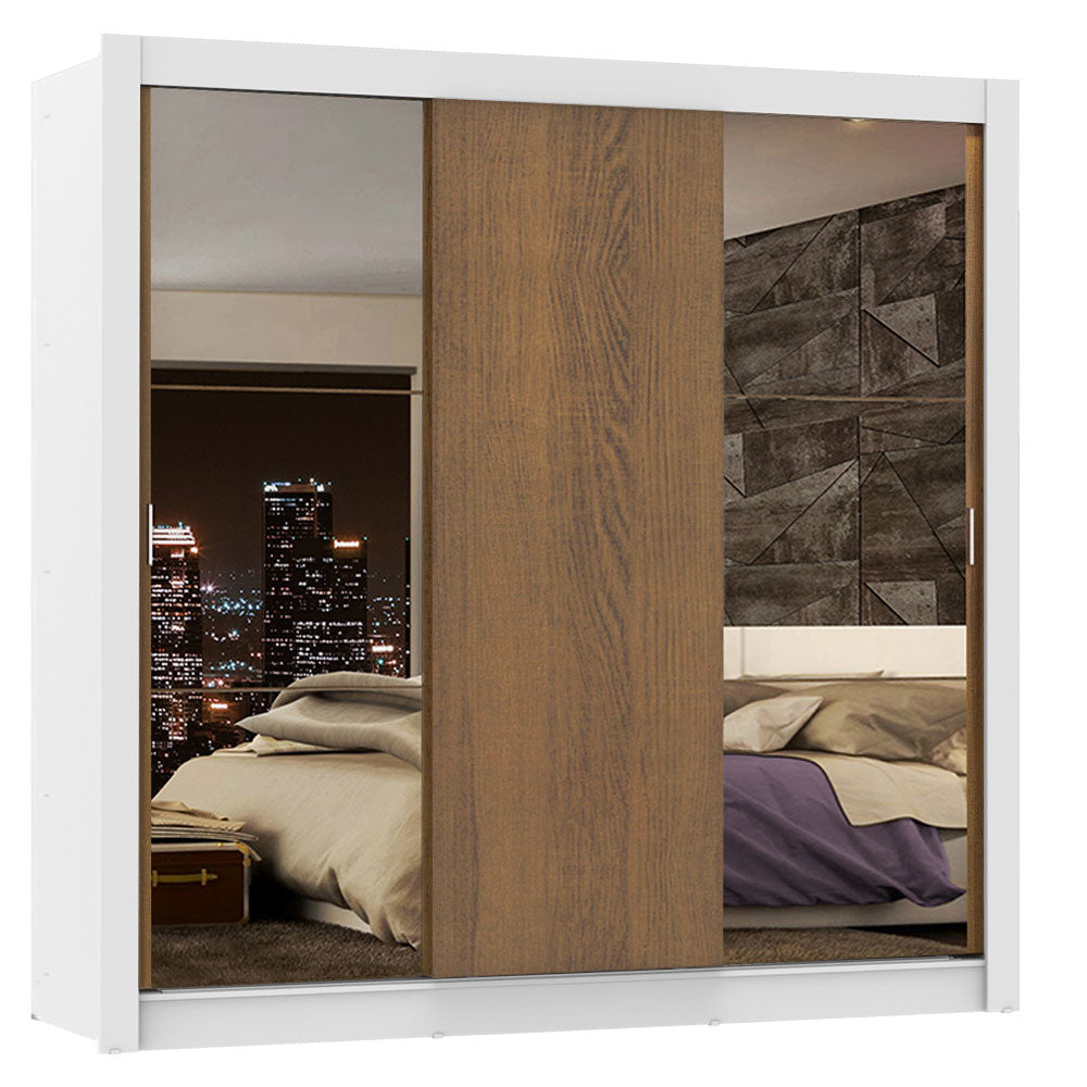 Guarda-Roupa Casal Madesa Lyon Plus 3 Portas de Correr com Espelhos 4 Gavetas Branco/Rustic