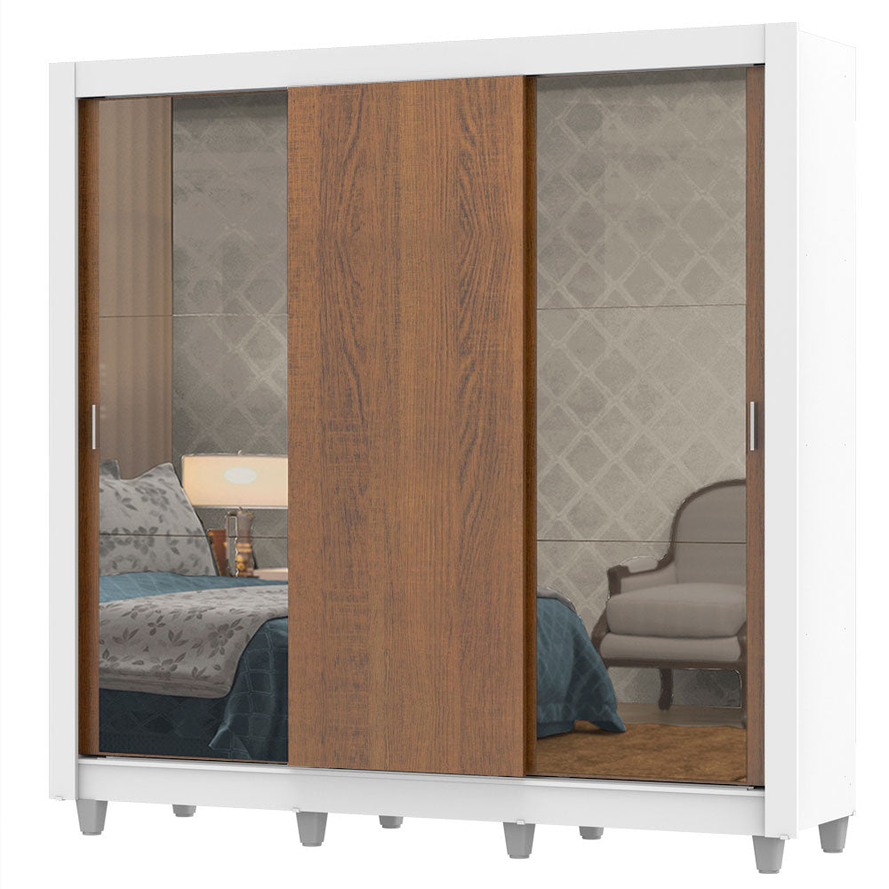 Guarda-Roupa Casal Madesa Lyon Plus 3 Portas de Correr com Espelhos 4 Gavetas com Pés Branco/Rustic