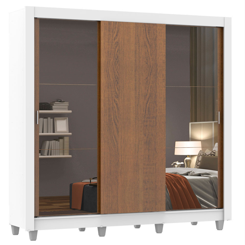 Guarda-Roupa Casal Madesa Mônaco 3 Portas de Correr com Espelhos com Pés Branco/Rustic