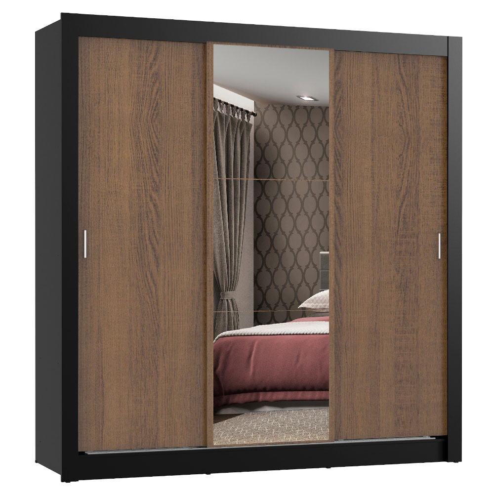 Guarda-Roupa Casal 3 Portas de Correr com Espelho Preto/Rustic Madesa Mônaco