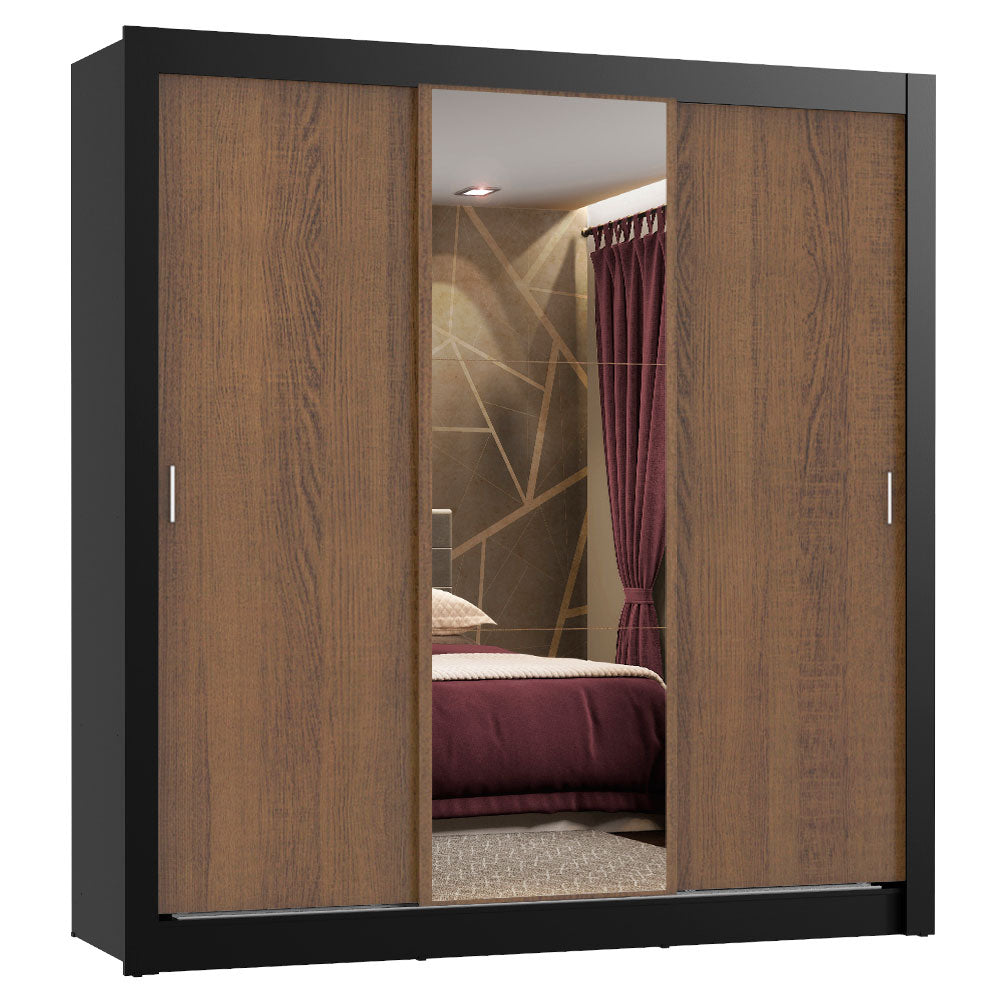 Guarda-Roupa Casal Madesa Lyon Plus 3 Portas de Correr com Espelho 4 Gavetas Preto/Rustic