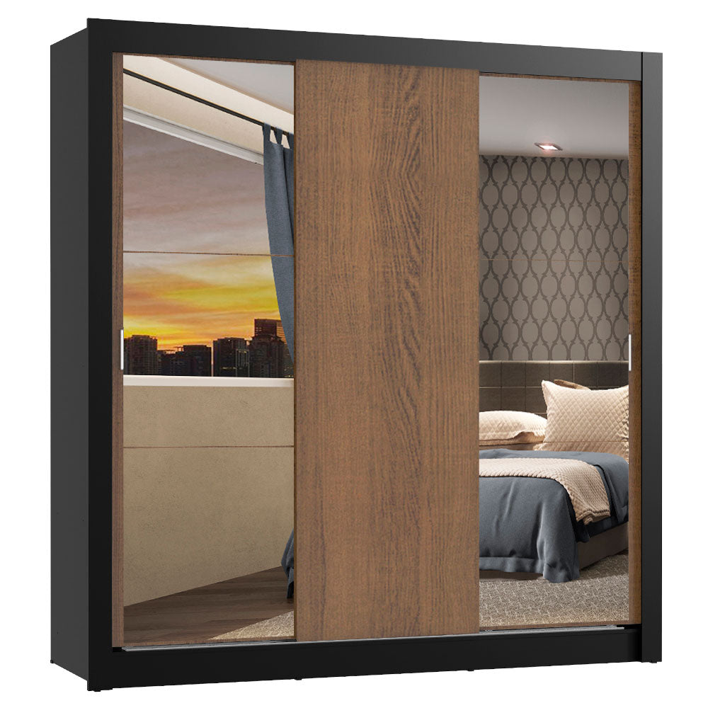 Guarda-Roupa Casal Madesa Mônaco 3 Portas de Correr com Espelhos Preto/Rustic