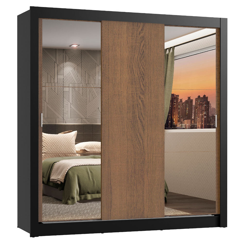 Guarda-Roupa Casal Madesa Lyon 3 Portas de Correr com Espelhos 2 Gavetas Preto/Rustic