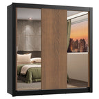 Guarda-Roupa Casal Madesa Lyon 3 Portas de Correr com Espelhos 2 Gavetas Preto/Rustic