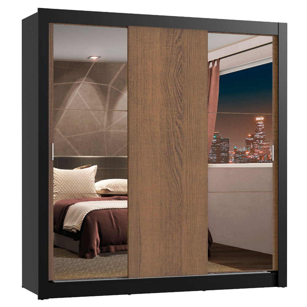 Guarda-Roupa Casal Madesa Lyon Plus 3 Portas de Correr com Espelhos 4 Gavetas Preto/Rustic