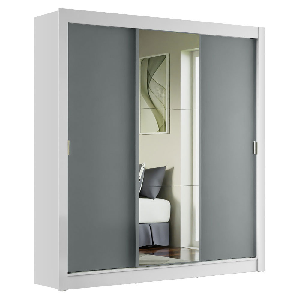 Guarda-Roupa Casal Madesa Mônaco 3 Portas de Correr com Espelho Branco/Cinza