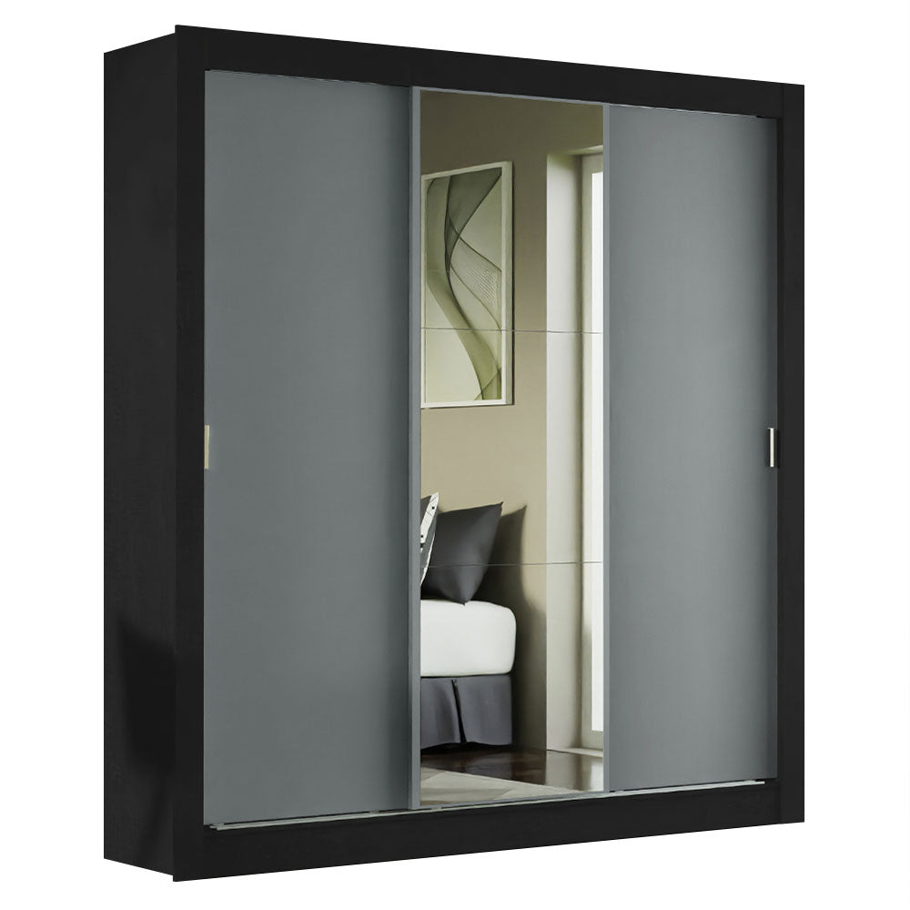 Guarda-Roupa Casal Madesa Mônaco 3 Portas de Correr com Espelho Preto/Cinza