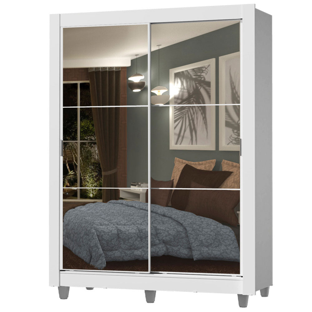 Guarda-Roupa Solteiro Madesa Dallas 2 Portas de Correr de Espelho 2 Gavetas com Pés Branco