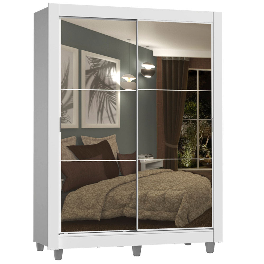Guarda-Roupa Solteiro Madesa Dallas Plus 2 Portas de Correr de Espelho 4 Gavetas com Pés Branco