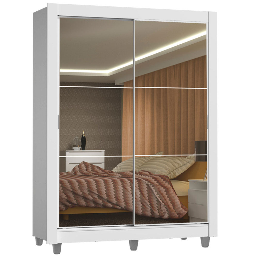 Guarda-Roupa Solteiro Madesa Denver 2 Portas de Correr de Espelho com Pés Branco