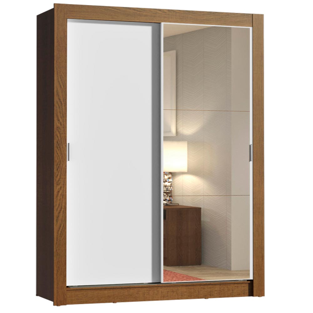Guarda-Roupa Solteiro Madesa Dallas 2 Portas de Correr com Espelho 2 Gavetas Rustic/Branco