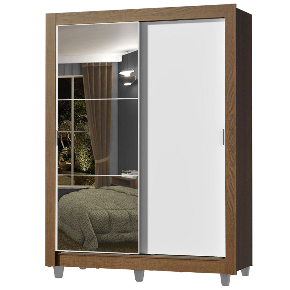 Guarda-Roupa Solteiro Madesa Dallas 2 Portas de Correr com Espelho 2 Gavetas com Pés Rustic/Branco