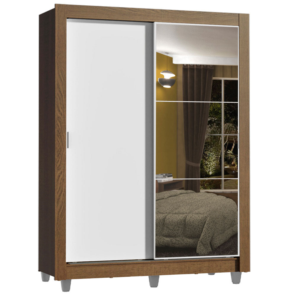 Guarda-Roupa Solteiro Madesa Dallas Plus 2 Portas de Correr com Espelho 4 Gavetas com Pés Rustic/Branco