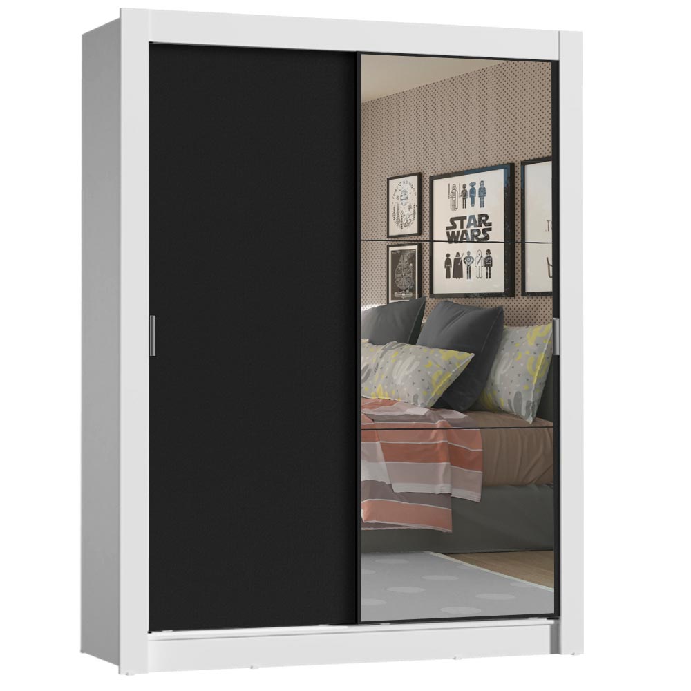 Guarda-Roupa Solteiro Madesa Denver 2 Portas de Correr com Espelho Branco/Preto